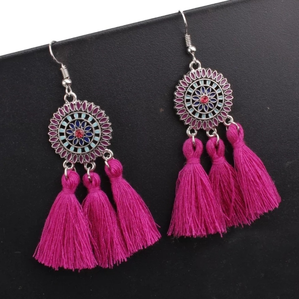 Fuscia Western Tribal Tassel Dangling Earrings